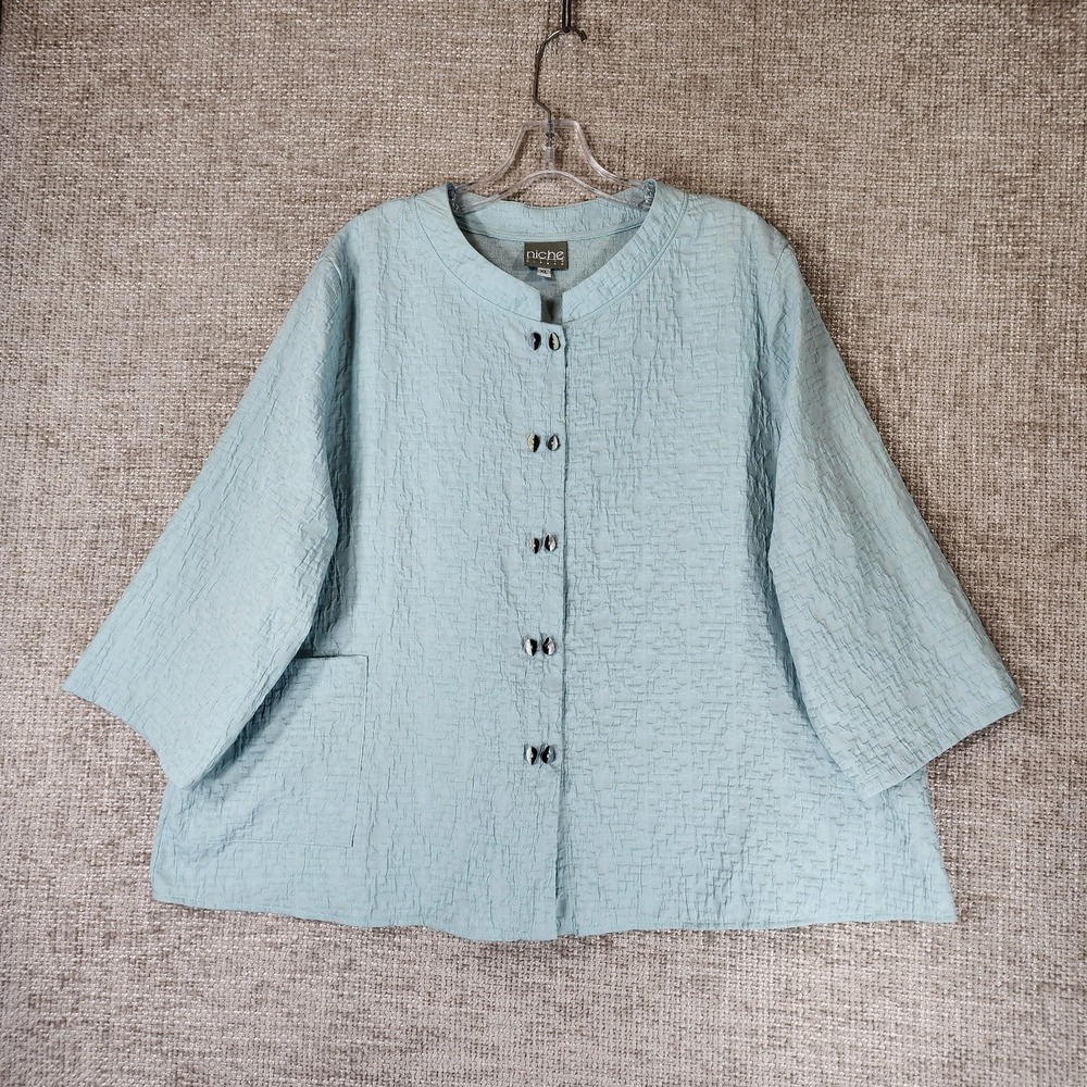 Niche Nilgun Derman Double Button Blouse Womens XL Blue Lagenlook Textured VTG